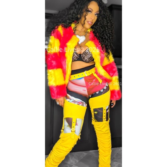 Callie Lives Stasia Striped: Pink & Yellow Faux Fur Blazer Medium - Picture 8 of 15